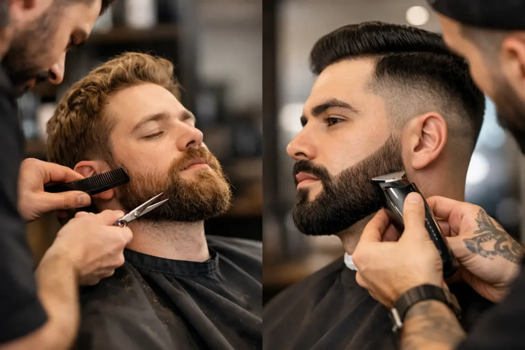Side-by-side views of a beard trim with scissors and a beard lineup with clippers.