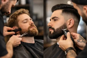Side-by-side views of a beard trim with scissors and a beard lineup with clippers.