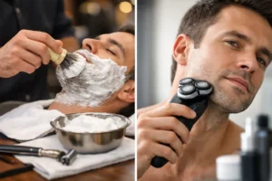Side-by-side views of a lathered barber shave and a man using an electric shaver.