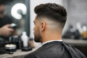 Rear view of a fade haircut with a clean neckline.