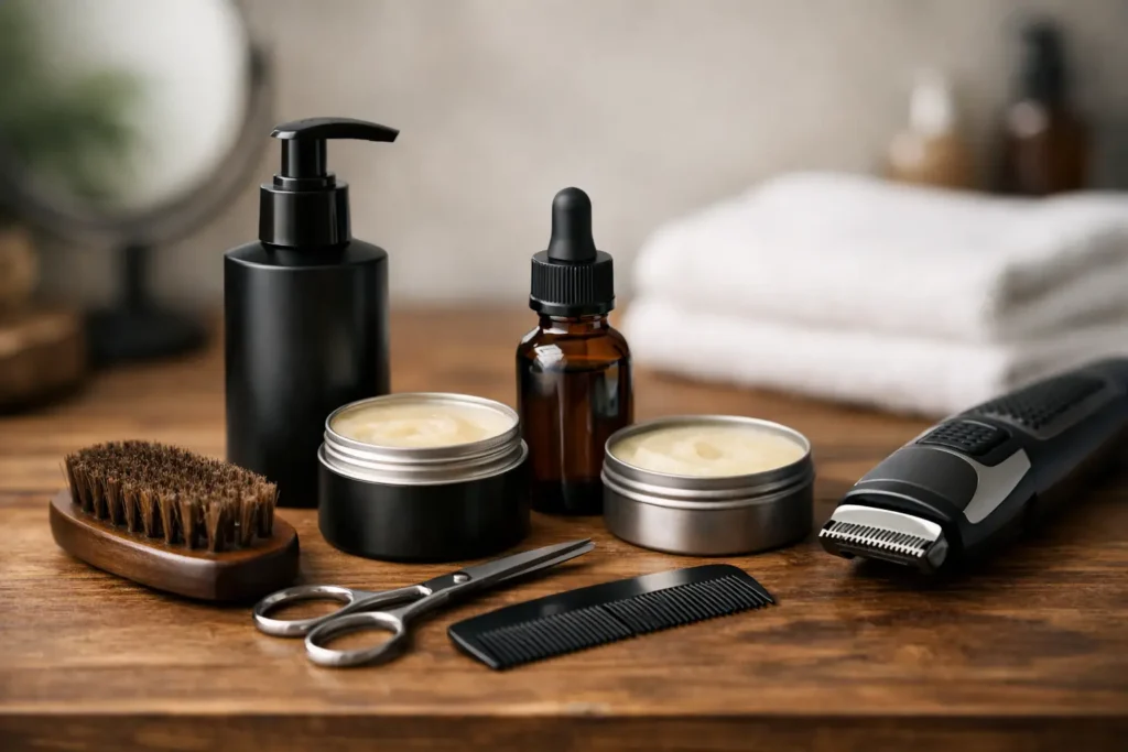 Beard oil, balm, brush, comb, scissors and trimmer on a wooden surface.
