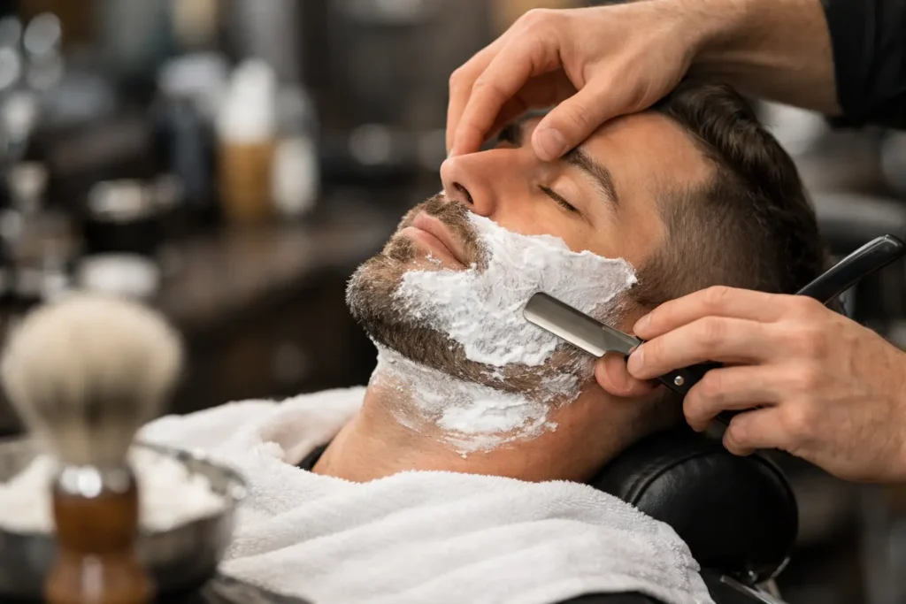 Barber giving a reclining man a straight razor shave with lather.